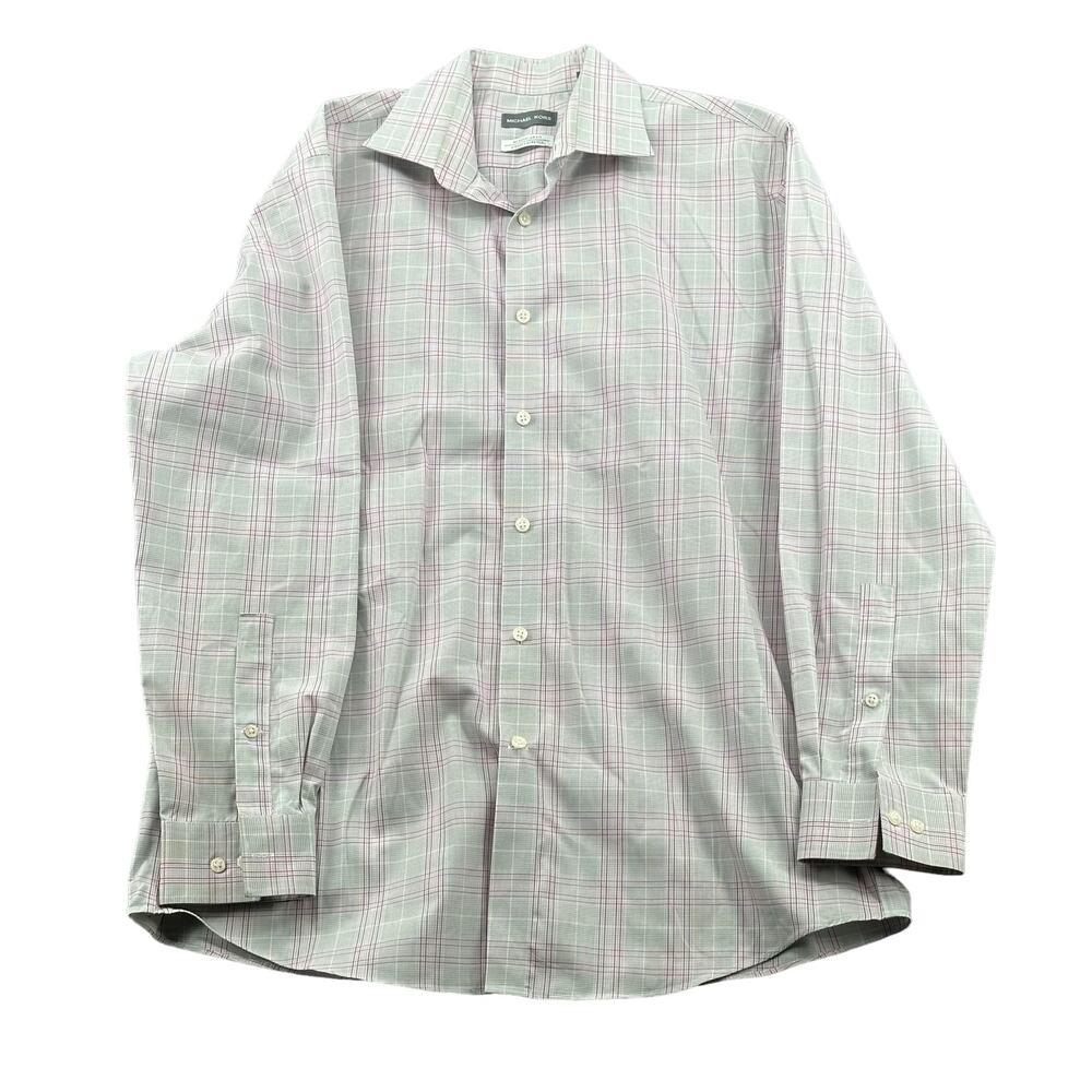 Michael Kors‎ Shirt Mens 16 32 33 Gray Pink Plaid Cotton Airsoft Stretch Preppy